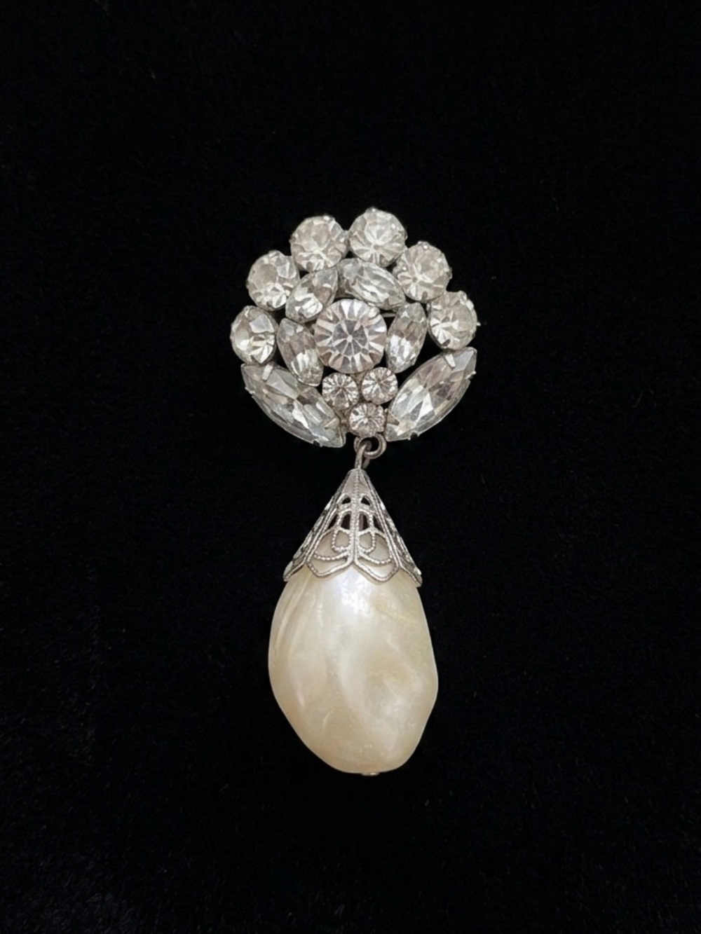 #6 Vintage Kandell & Marcus NY Silver-tone Rhinestone Faux Pearl Drop Brooch